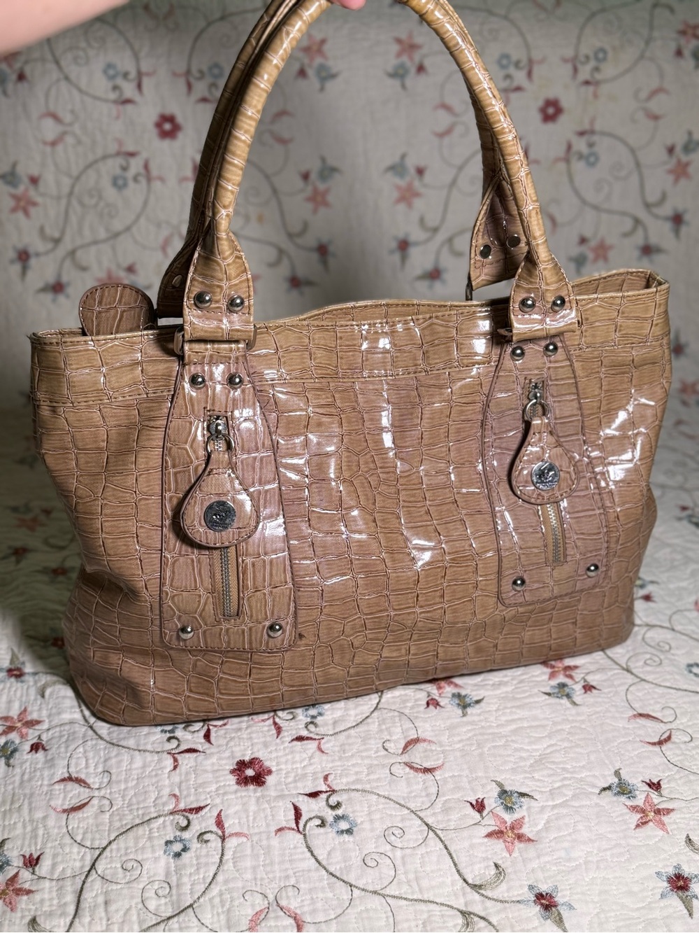 Beverly Hills Polo Club Glossy Croc-Embossed Tote in Tan